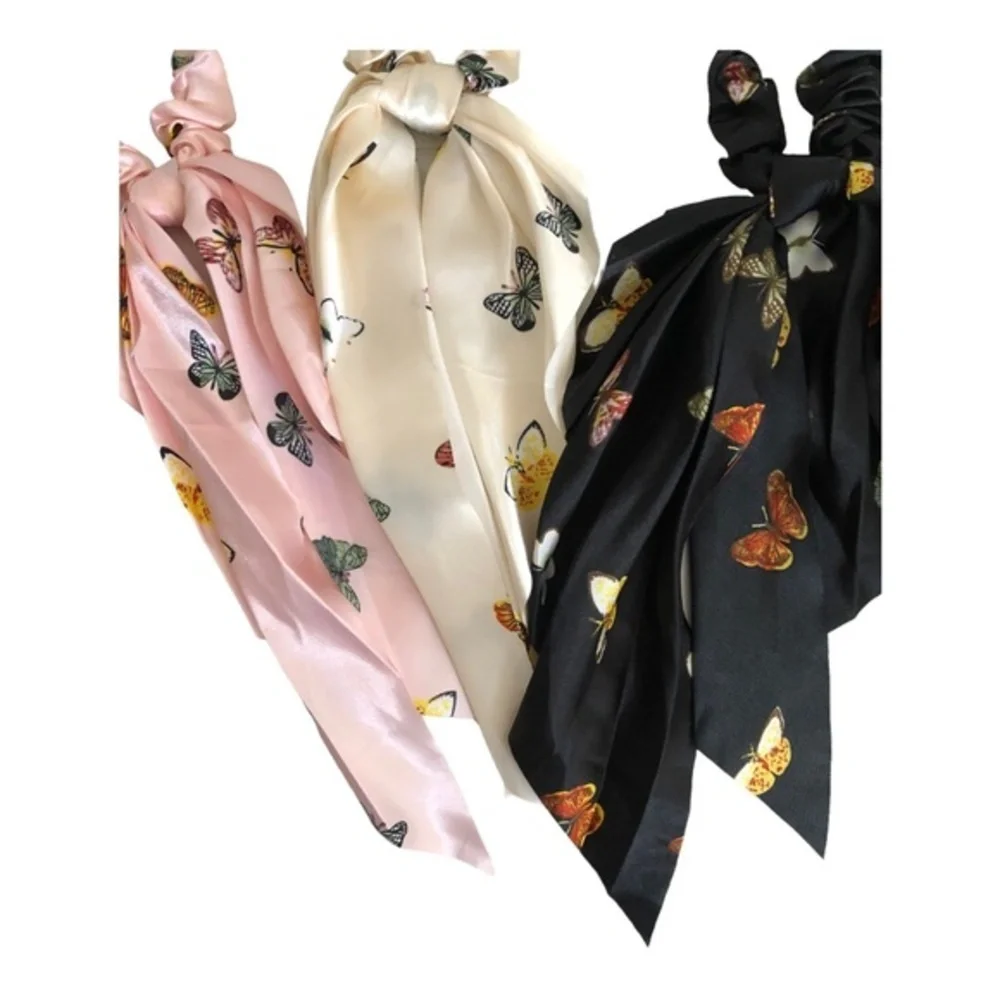 4 Butterfly print satin‎ look black, pink, blue ivory hair scrunchie scarves new